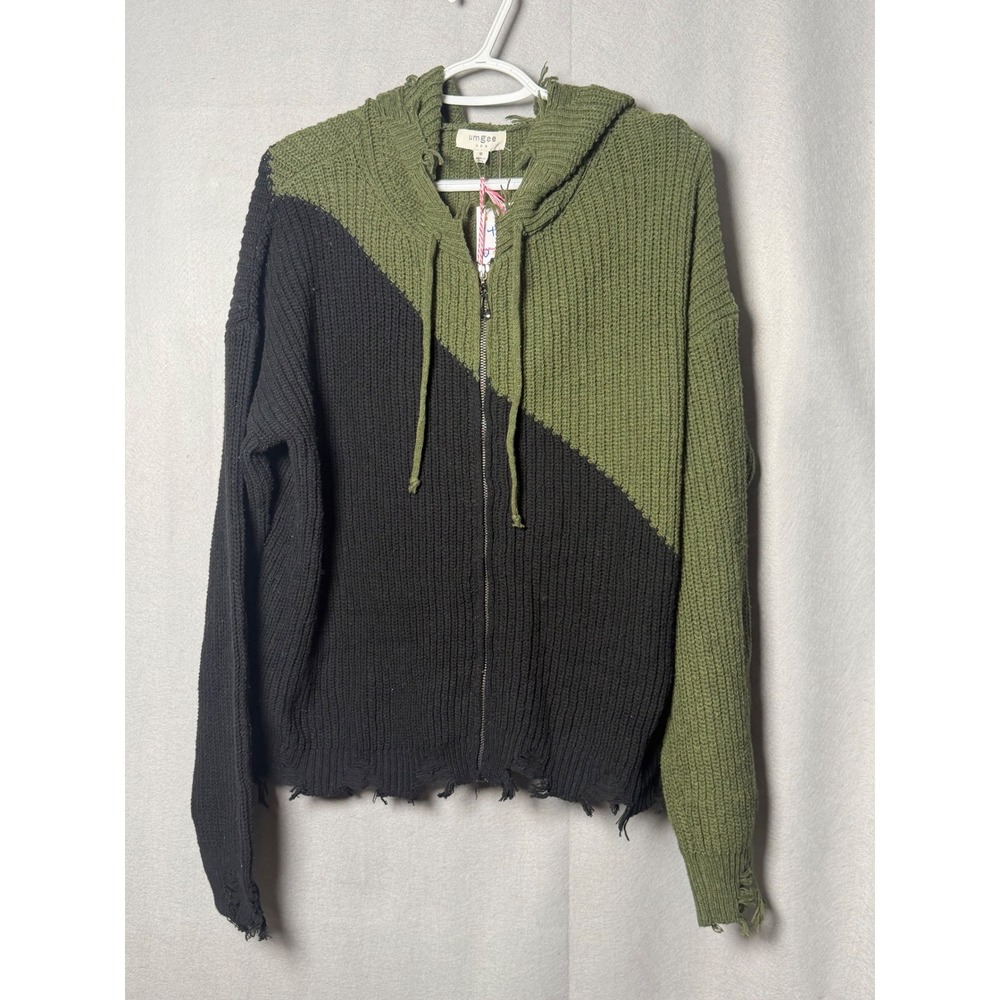 Umgee USA Womens Colorblock Distressed Knit Zip Up Hoodie Olive Black M K5006